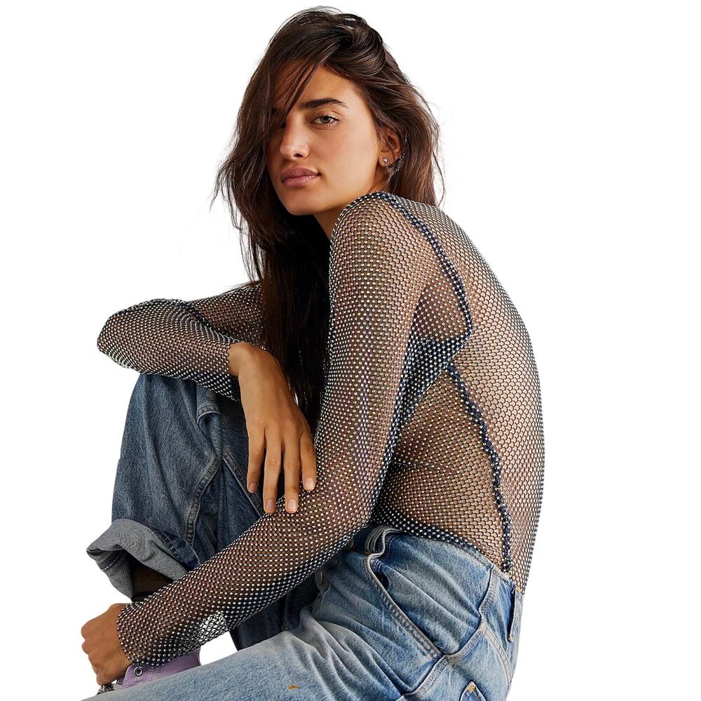Free People Intimately Rhinestone Crystal Mesh Long Sleeve Top L NWT $148